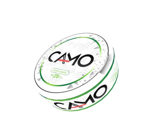 Dose CAMO GREEN APPLE 25mg mit erfrischendem grünen Apfelgeschmack für erfahrene Snus Nutzer.