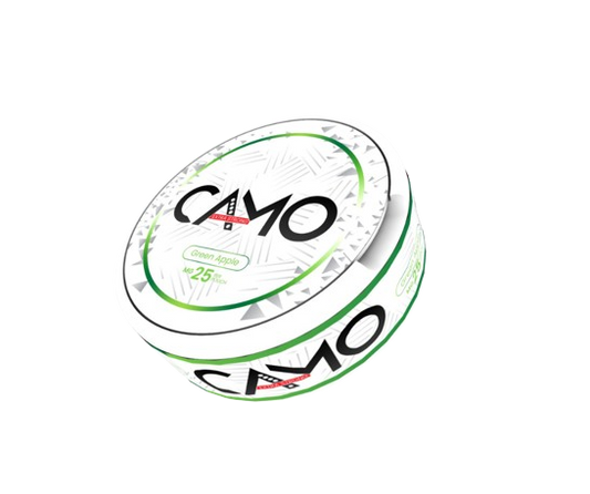 Dose CAMO GREEN APPLE 25mg mit erfrischendem grünen Apfelgeschmack für erfahrene Snus Nutzer.