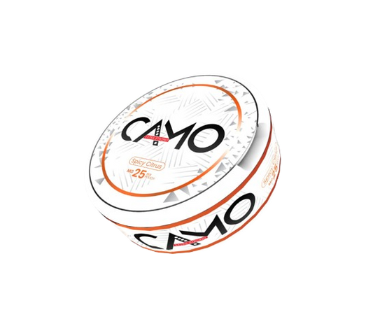 Dose CAMO SPICY CITRUS 25mg Nikotin Pouches mit erfrischendem Citrusgeschmack und starkem Nikotingehalt im Slim Format