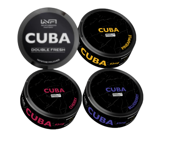 CUBA STRONG MIXPACK BLACK mit vier Dosen in den Geschmacksrichtungen Double Fresh, Pineapple, Cherry und Blueberry.