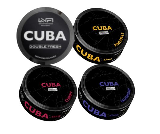 CUBA STRONG MIXPACK BLACK mit vier Dosen in den Geschmacksrichtungen Double Fresh, Pineapple, Cherry und Blueberry.