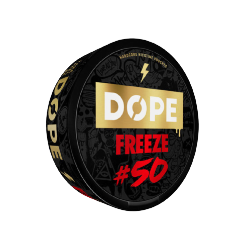 Runde Dose DOPE FREEZE 50 Nikotinbeutel in Schwarz mit gold-rotem Logo und kraftvollem Design der Marke Dope.