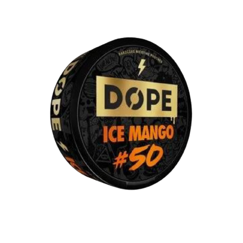 Runde Dose DOPE ICE MANGO 50 Nikotinbeutel mit intensivem Mangoaroma und starkem Nikotingehalt von 50mg/g.