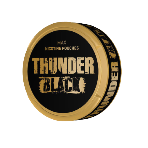 Runde Dose THUNDER BLACK mit intensivem Mentholgeschmack und Nikotinbeuteln von Thunder in Schwarz und Gold.