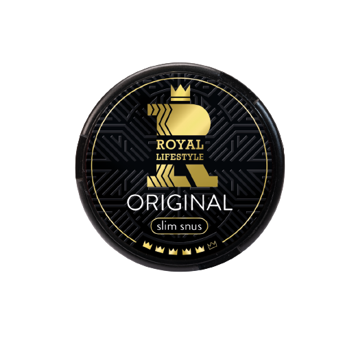 Dosenansicht von ROYAL LIFESTYLE ORIGINAL SLIM Snus mit gold-schwarzem Design und Crown-Logo im Mittelpunkt