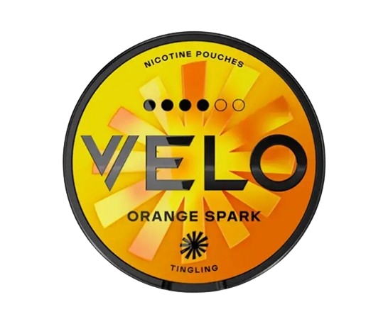 Velo Orange Spark Snus Dose mit frischem Orangengeschmack und 15,6 mg/g Nikotin in Slim-Pouches aus Schweden.