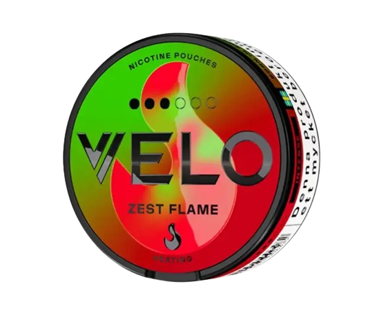 VELLO ZEST FLAME Dose mit Nikotinbeuteln, Zitrusgeschmack, schlankes Format, 20 Stück, Marke Velo, Schweden hergestellt.