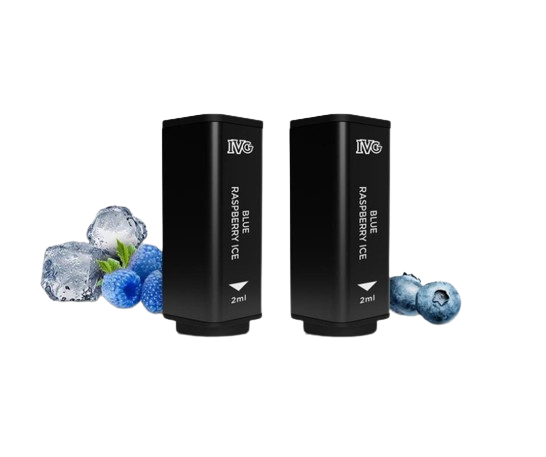 Zwei IVG PODS BLUE RAZZ ICE mit Blaubeer-Himbeer-Geschmack und eisiger Frische, 2 ml Nikotinsalz Liquid.