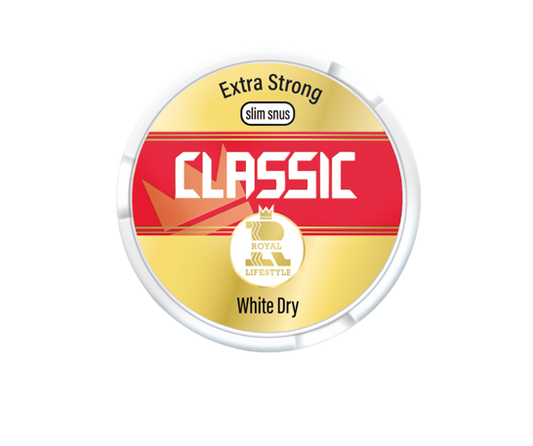 ROYAL LIFESTYLE CLASSIC SLIM White Dry Snus Dose mit extra starkem Spearmint-Geschmack, extratrocken und slim portioniert.