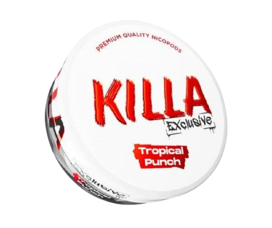 KILLA EXCLUSIVE TROPICAL PUNCH Nikotinbeutel mit intensivem tropischem Saftgeschmack und 16 mg Nikotin pro Gramm Dose aus Dänemark
