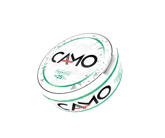 Runde Dose CAMO PEPPERMINT 25mg mit Pfefferminze-Geschmack und 24 starken Nikotin Pouches im Slim Format.
