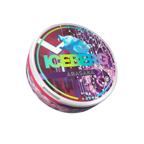 Runde Dose ICEBERG ARASAKA EXTRA STRONG mit Pfirsichgeschmack und futuristischem Design für erfahrene Nutzer
