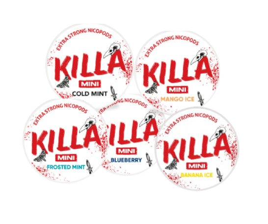 MIXPACK MINI KILLA mit fünf Sorten Nicopods von Killa in verschiedenen Geschmacksrichtungen und 16mg Nikotin je Gramm