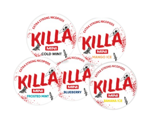MIXPACK MINI KILLA mit fünf Sorten Nicopods von Killa in verschiedenen Geschmacksrichtungen und 16mg Nikotin je Gramm