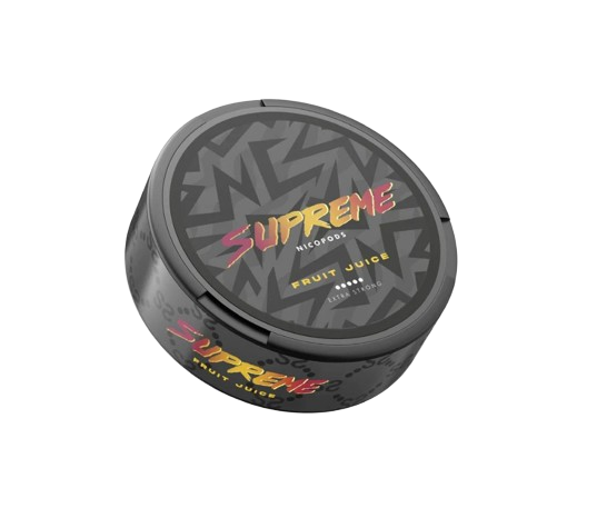 Dose Supreme Fruit Juice Snus mit 20 Beuteln, 50 mg Nikotin, fruchtiger Geschmack, tabakfrei, für erfahrene Nutzer.