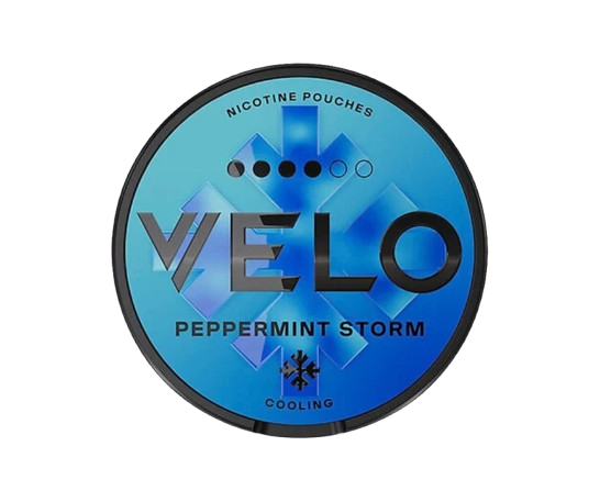 Runde Dose VELO PEPPERMINT STORM mit Menthol- und Pfefferminzgeschmack, 20 Nikotinbeuteln, 15,6 mg/g Stärke