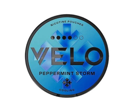 Runde Dose VELO PEPPERMINT STORM mit Menthol- und Pfefferminzgeschmack, 20 Nikotinbeuteln, 15,6 mg/g Stärke