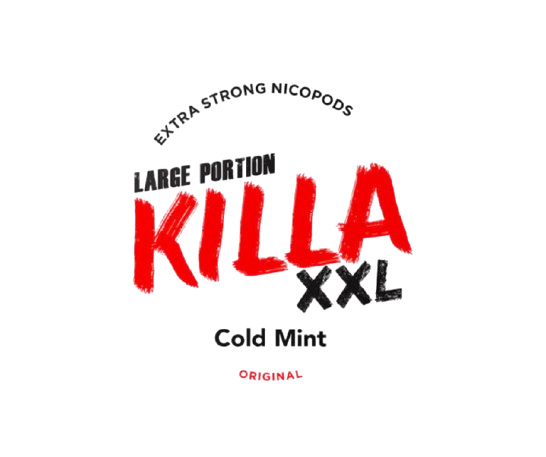 KILLA XXL Cold Mint Logo in kräftigen roten und schwarzen Buchstaben mit erfrischendem Minzgeschmack im Fokus