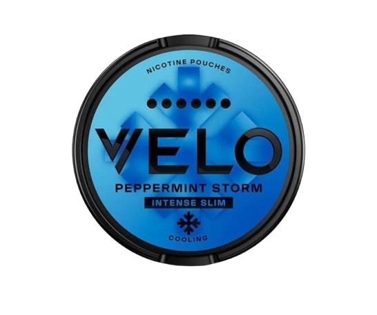 Dose mit VELO PEPPERMINT STORM Nikotinbeuteln, Menthol- und Pfefferminzgeschmack, 17mg Nikotin, 20 Beutel