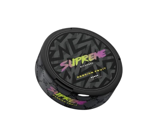 Runde Dose Supreme Passion Fruit Snus mit fruchtigem Geschmack und hoher Nikotinstärke für erfahrene Nutzer.