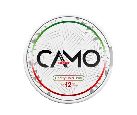 Dose der Nikotinbeutel CAMO CHERRY COLA LIME mit 12mg Stärke und Geschmack von Kirsche, Cola und Limette.