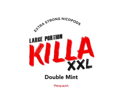 KILLA XXL DOUBLE MINT Logo mit Hinweis auf starken Nikotingehalt und erfrischenden Doppelmintgeschmack aus Dänemark