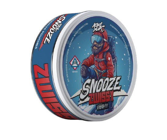 Runde Dose 187 SNOOZE ZWISSY mit Winterbergsteiger Illustration, Kräuterbonbon Geschmack, 20 Pouches Stärke 16mg/g