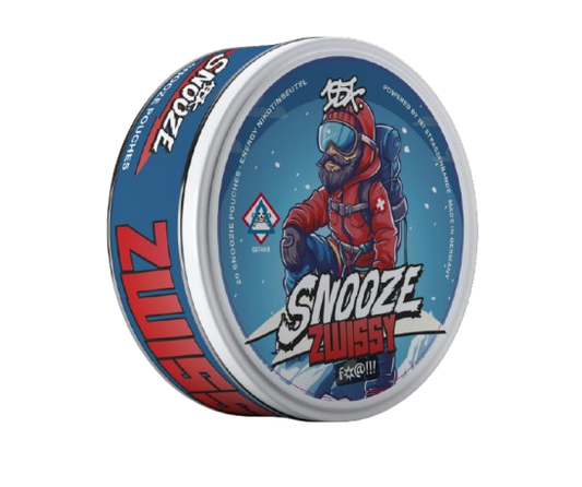 Runde Dose 187 SNOOZE ZWISSY mit Winterbergsteiger Illustration, Kräuterbonbon Geschmack, 20 Pouches Stärke 16mg/g