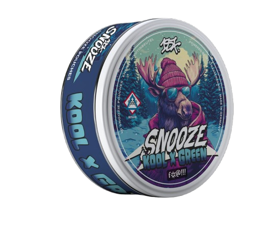 Dose 187 SNOOZE KOOL X GREEN mit wintergrünen Nikotin Pouches im stylischen Elch-Design für die Shisha-Community.