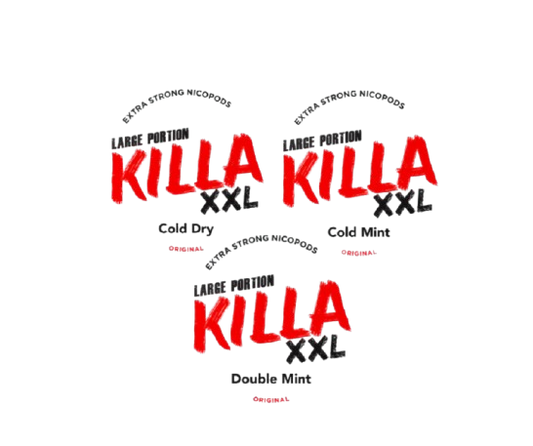Drei Dosen MIXPACK KILLA XXL mit Sorten Cold Dry, Double Mint und Cold Mint aus Dänemark, 20 Pouches je Dose