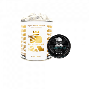Royal Lifestyle Super White Eucalypthus SLIM Snus Big Pack mit erfrischendem Geschmack und 220 Pouches Inhalt.