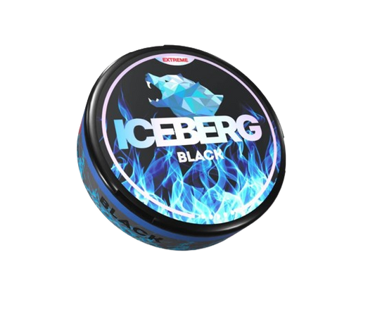 Dose ICEBERG BLACK EXTRA STRONG mit blauer Flammenoptik und Eisbär-Logo, starkes Nikotinprodukt für erfahrene Nutzer