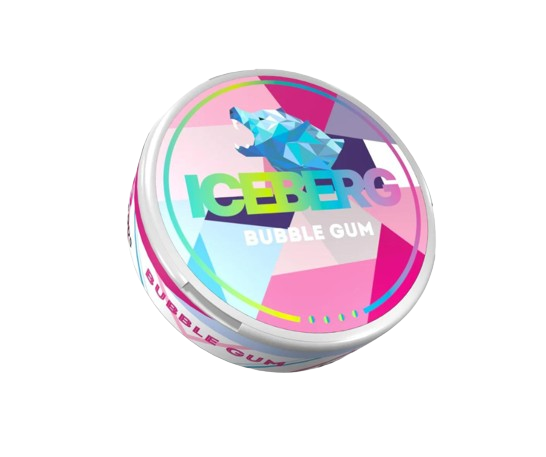 Round tin of ICEBERG Bubble Gum Extra Strong with colorful geometric bear design and bold text on lid