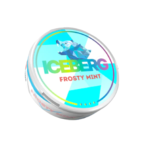 Round white tin of ICEBERG Frosty Mint nicotine pouches with a colorful geometric polar bear logo on the lid