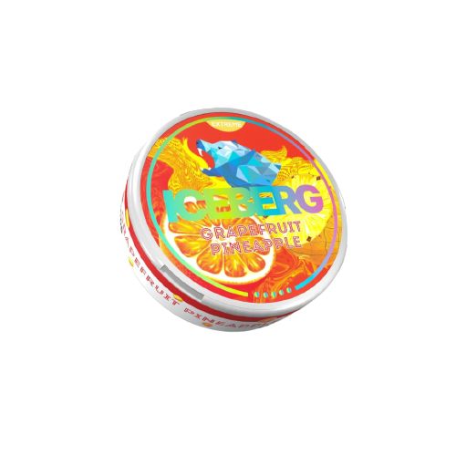 Round tin of Iceberg Grapefruit Pineapple Extreme snus with colorful tropical fruit design and bold logo on lid