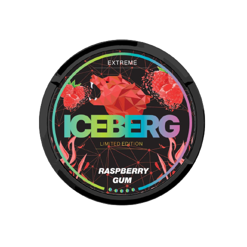 Round black tin of Iceberg Limited Edition Raspberry Gum with vibrant multicolor text and raspberry graphics on the lid