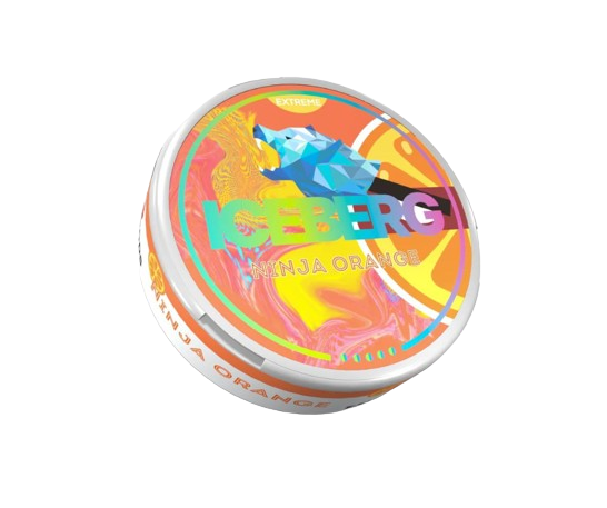 Round colorful tin of ICEBERG NINJA ORANGE extra strong nicotine pouches with orange and blue design