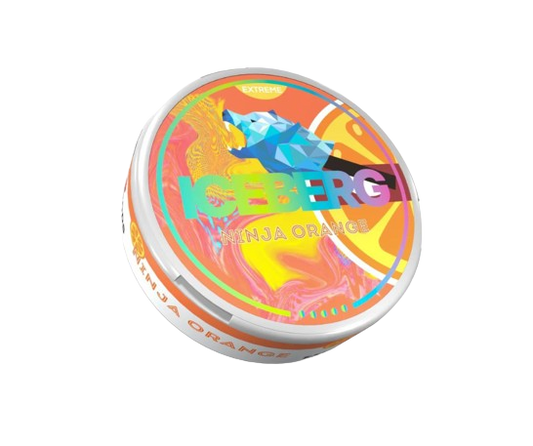Runde Dose ICEBERG NINJA ORANGE EXTRA STRONG mit orangefarbenem Design und Iceberg-Logo für erfahrene Nutzer.