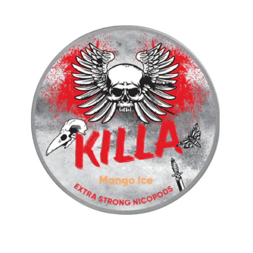 Runde Dose KILLA MANGO ICE EXTRA STRONG Nikotinbeutel mit Totenkopf und Flügeln auf grauem Hintergrund