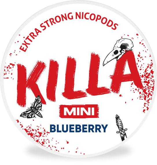Runde Dose KILLA MINI BLUEBERRY Nikotinkapseln mit intensivem Blaubeergeschmack und extra starker Wirkung aus Dänemark