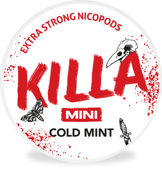 Rundes Döschen KILLA MINI COLD MINT Nikotinbeutel mit kühlendem Minzgeschmack und extra starker Wirkung.