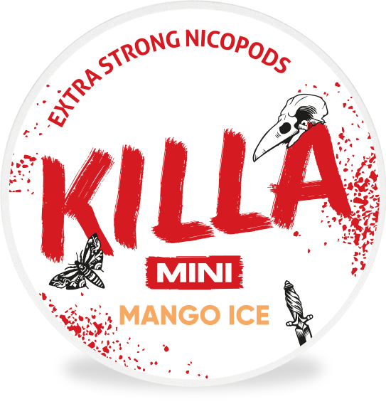 KILLA MINI MANGO ICE Dose mit 30 starken Nikotinbeuteln im weißen Design, Mango-Eis-Geschmack, 16mg Nikotin pro Gramm.