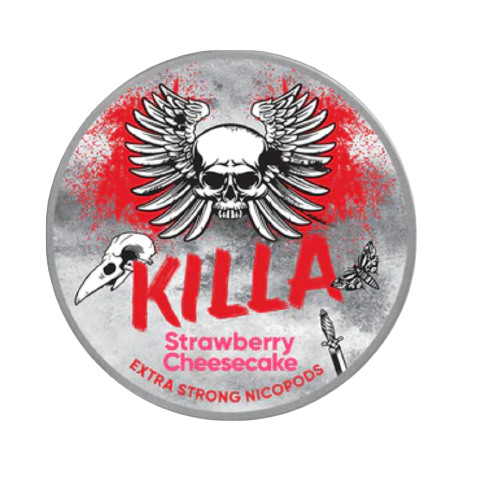 Runde Dose mit KILLA Strawberry Cheesecake Extra Strong Logo, Totenkopf mit Flügeln und rotem Schriftzug in Streetart-Stil