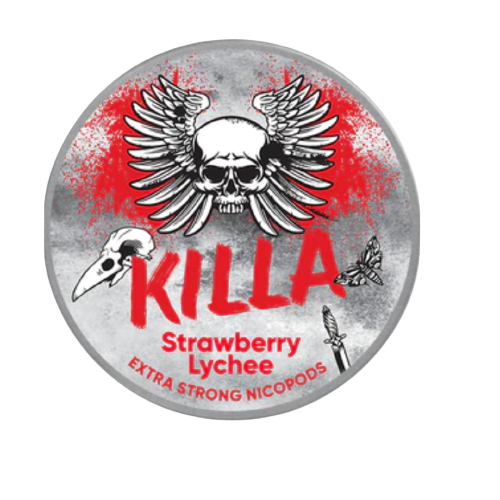 Runde Dose KILLA STRAWBERRY LYCHEE EXTRA STRONG mit Totenkopflogo und roten Akzenten auf grauem Hintergrund