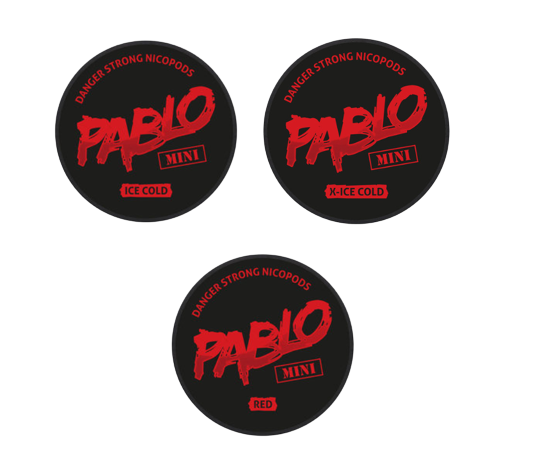 Drei Mischpackungen MIXPACK MINI PABLO mit Ice Cold, X-Ice Cold und Red Sorten von Pablo in schwarzer Dose.
