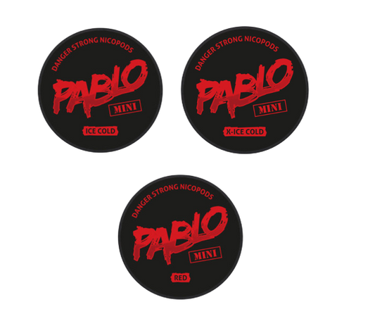 Drei Mischpackungen MIXPACK MINI PABLO mit Ice Cold, X-Ice Cold und Red Sorten von Pablo in schwarzer Dose.