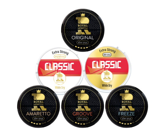 Sechs Dosen Mixpack Royal Lifestyle Special mit verschiedenen Slim und Classic Snus Sorten aus Österreich.