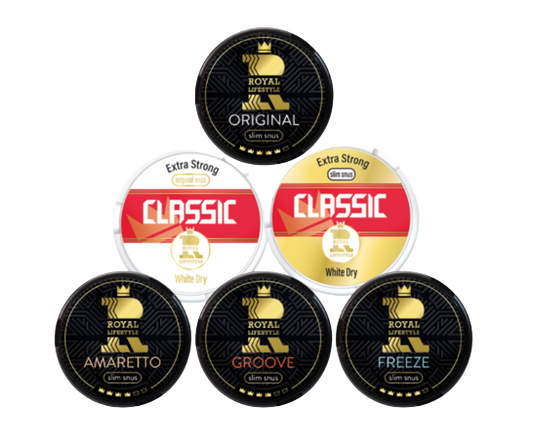 Sechs Dosen Mixpack Royal Lifestyle Special mit verschiedenen Slim und Classic Snus Sorten aus Österreich.