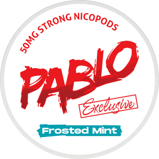 Weiße Dose mit rotem Pablo Exclusive Logo und blauem Frosted Mint Schriftzug, 50 mg Nikotinbeutel.