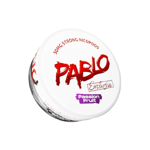 Weiße Dose mit rotem Pablo Exclusive Logo und lila Schrift Passion Fruit für Nikotinbeutel mit 50mg Stärke.
